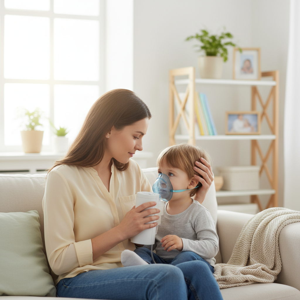 Madre ayudando a niño con nebulizador