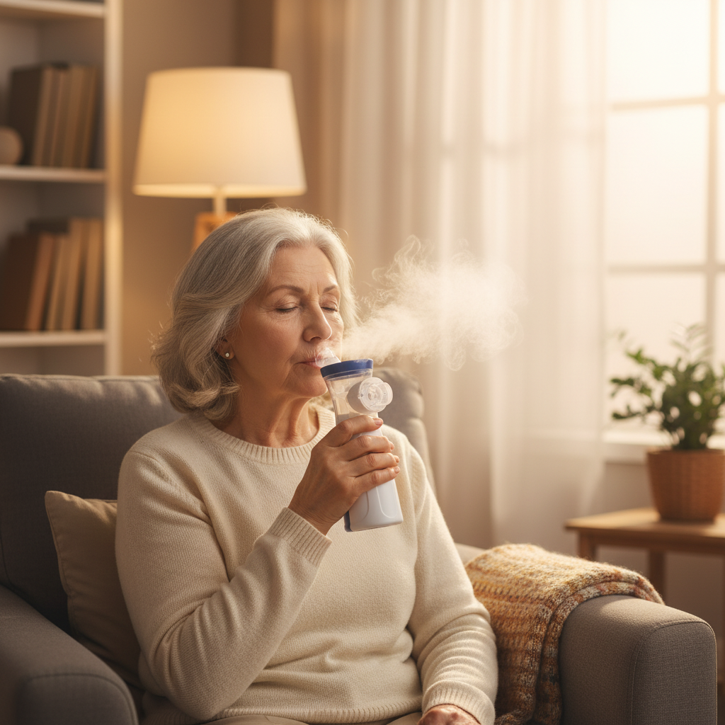 Adulta mayor usando nebulizador portátil Mesh