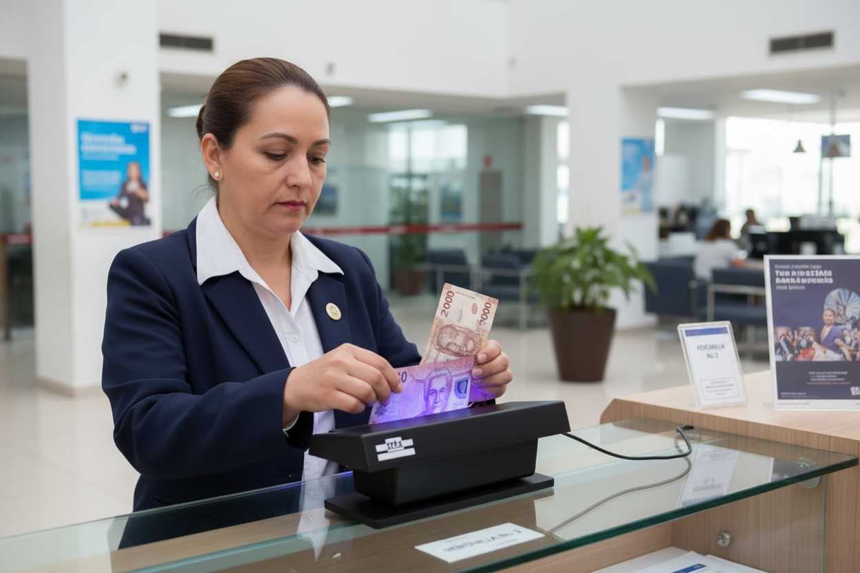 Cajero de banco usando lámpara UV STAR