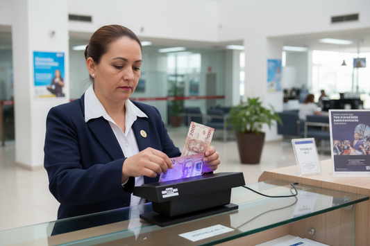 Cajero de banco usando lámpara UV STAR