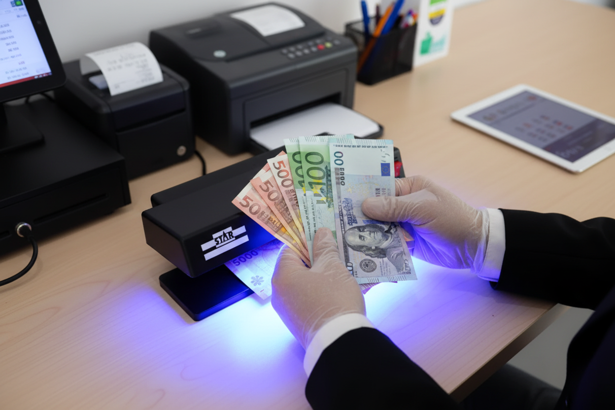 Comerciante usando lámpara UV STAR con múltiples billetes