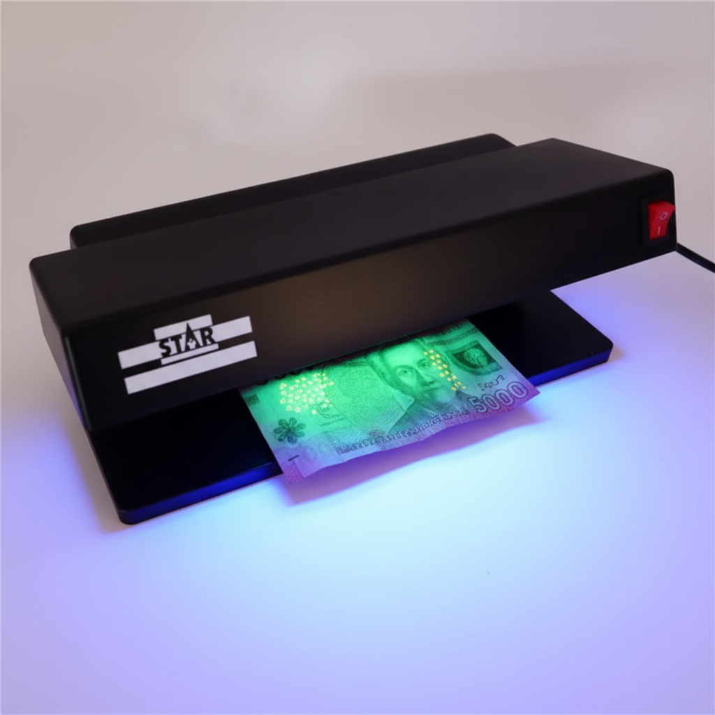 Lámpara UV STAR con luz azul activa detectando billetes