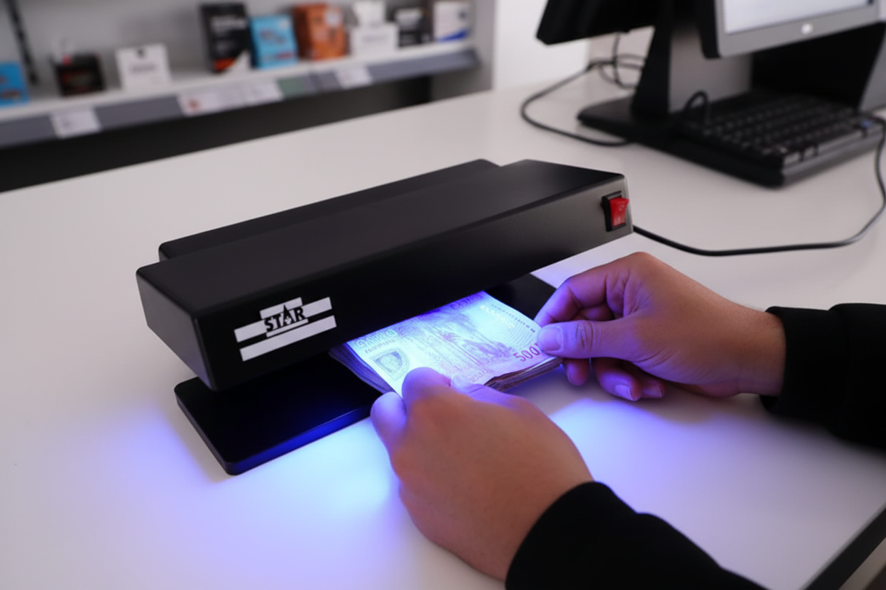 Manos usando lámpara UV STAR verificando billetes chilenos