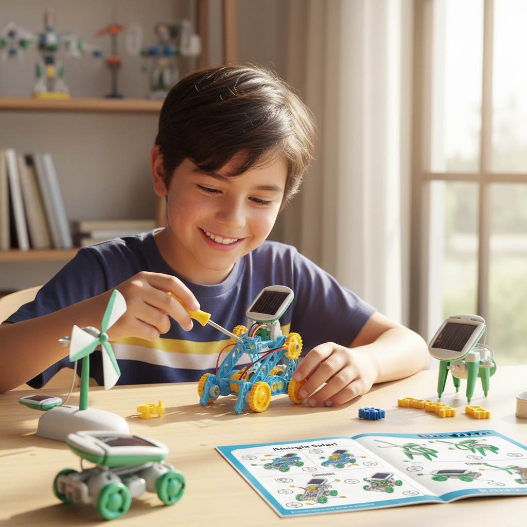 Niño construyendo robot solar