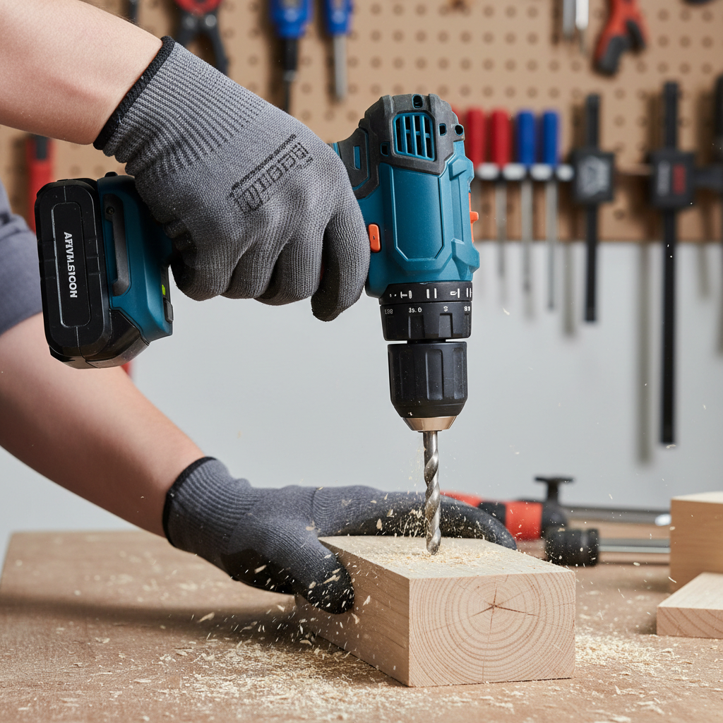Taladro azul perforando madera de cerca